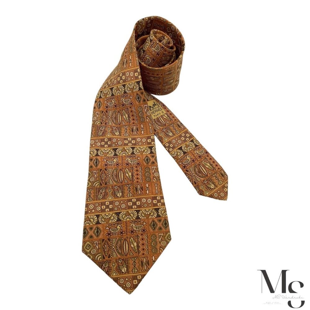 HERMES PARIS 7641 TA Orange Heiroglyphics Pattern Silk Tie France W: 3.5" E.C
